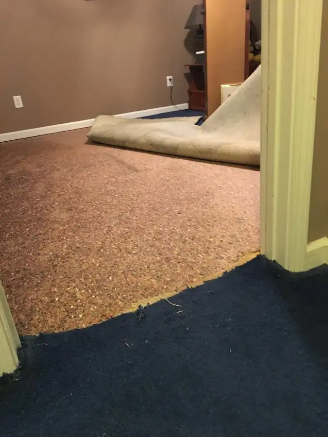 Carpet pad removal revealing water damage during Water Mitigation Services in Madera Ranchos